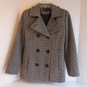 Ann Klein Black & White Wool Blend Tweed Herringbone Mid Length Pea Coat Size M